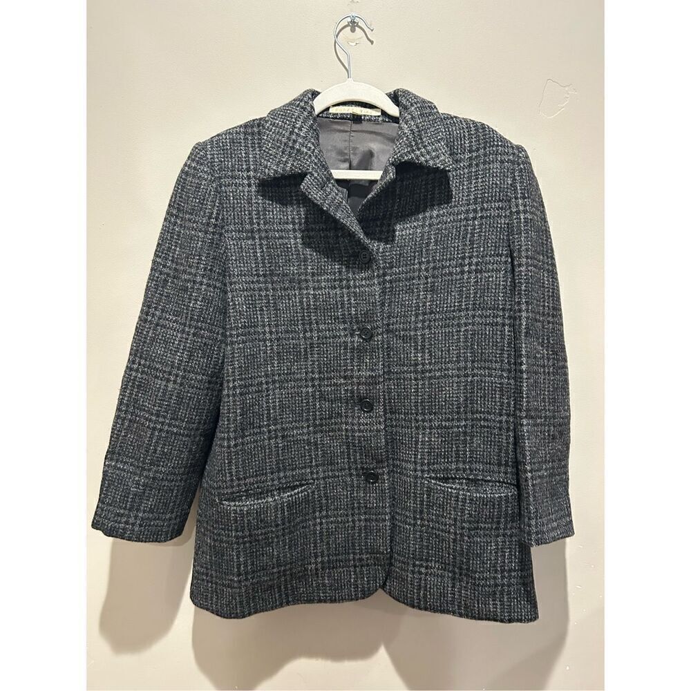 Perry Ellis Wool Windowpane Plaid Woven Peacoat Coat Jacket Womens size 8 Black